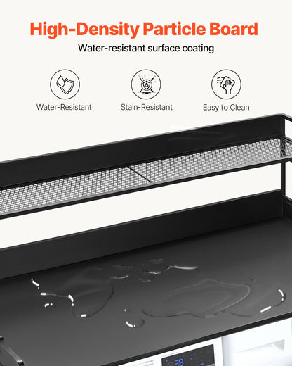 Washer Dryer Countertop with 2-Tier Shelf, 54" x 27" Wooden Washer and Dryer Countertop with Anti-Slip Pads, Water-Resistant Laundry Topper Cover for Laundry Room Organization and Storage, Black