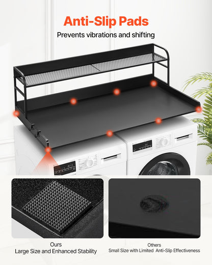 Washer Dryer Countertop with 2-Tier Shelf, 54" x 27" Wooden Washer and Dryer Countertop with Anti-Slip Pads, Water-Resistant Laundry Topper Cover for Laundry Room Organization and Storage, Black