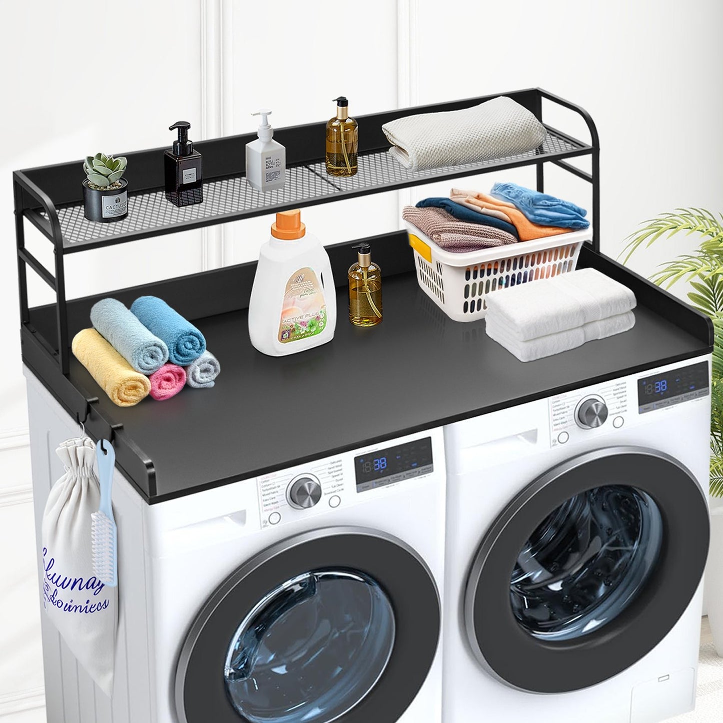 Washer Dryer Countertop with 2-Tier Shelf, 54" x 27" Wooden Washer and Dryer Countertop with Anti-Slip Pads, Water-Resistant Laundry Topper Cover for Laundry Room Organization and Storage, Black