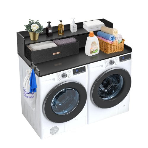 2 Drawers Washer Dryer Countertop with 2-Tier Shelf, 54" x 27" Wooden Washer and Dryer Countertop with Non-Slip Pads, Water-Resistant Laundry Topper for Laundry Room Organization, Black