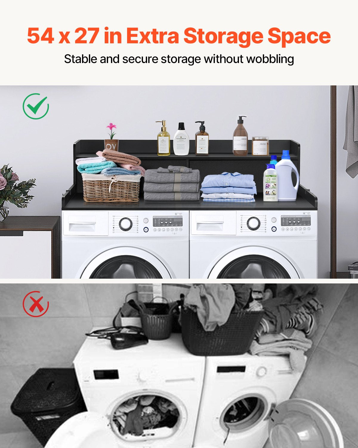 2 Drawers Washer Dryer Countertop with 2-Tier Shelf, 54" x 27" Wooden Washer and Dryer Countertop with Non-Slip Pads, Water-Resistant Laundry Topper for Laundry Room Organization, Black