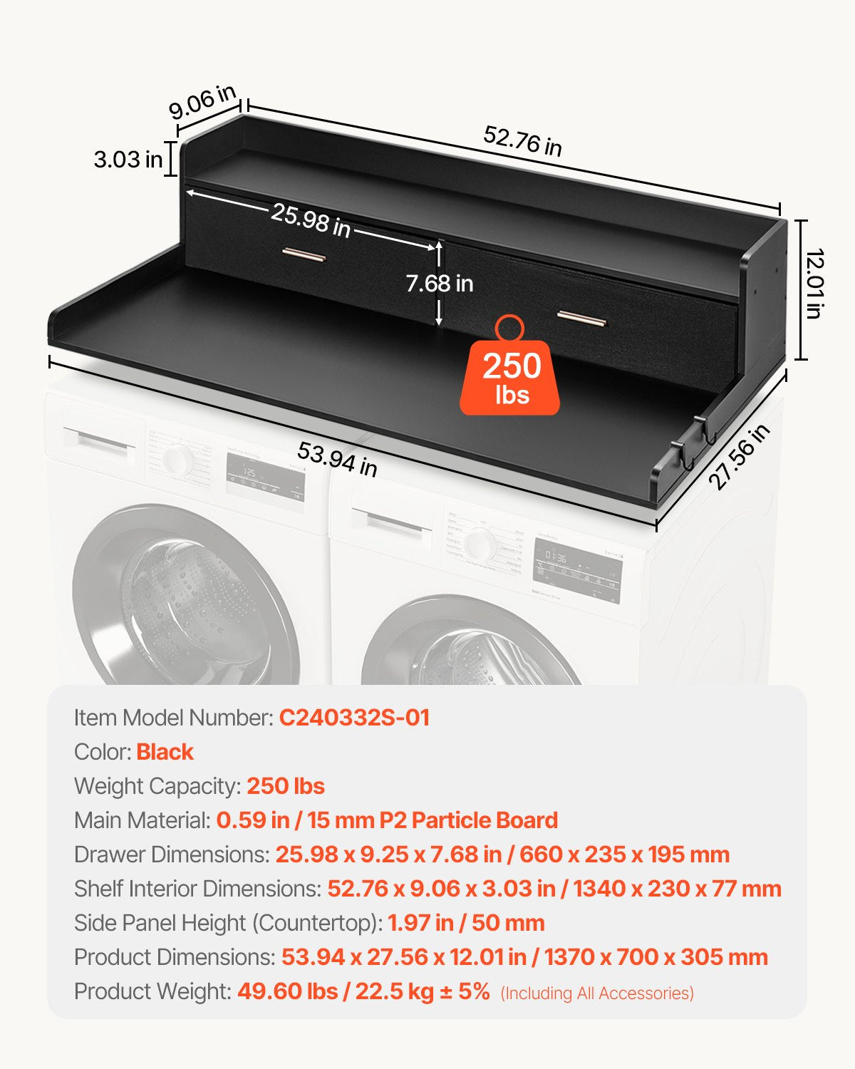 2 Drawers Washer Dryer Countertop with 2-Tier Shelf, 54" x 27" Wooden Washer and Dryer Countertop with Non-Slip Pads, Water-Resistant Laundry Topper for Laundry Room Organization, Black