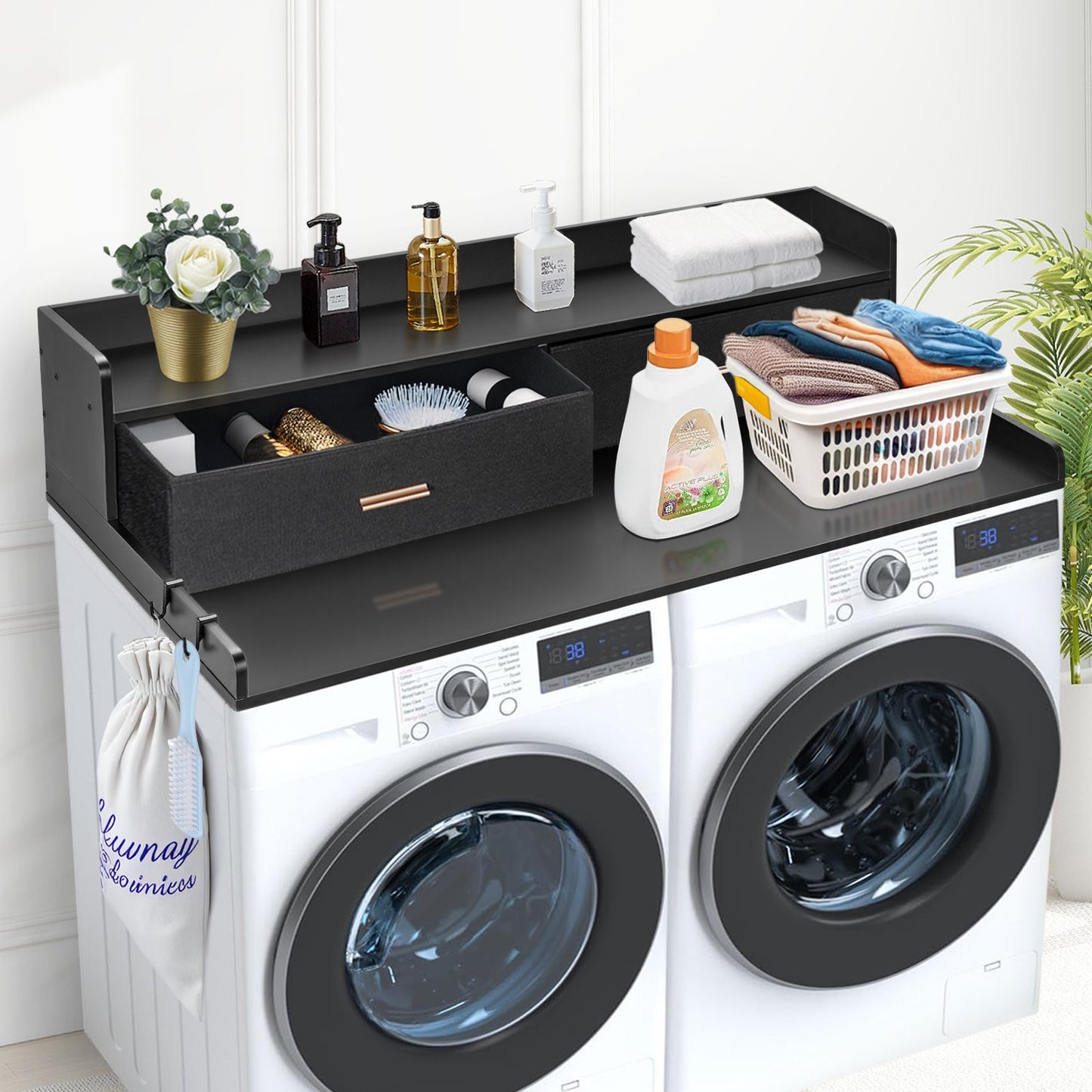 2 Drawers Washer Dryer Countertop with 2-Tier Shelf, 54" x 27" Wooden Washer and Dryer Countertop with Non-Slip Pads, Water-Resistant Laundry Topper for Laundry Room Organization, Black