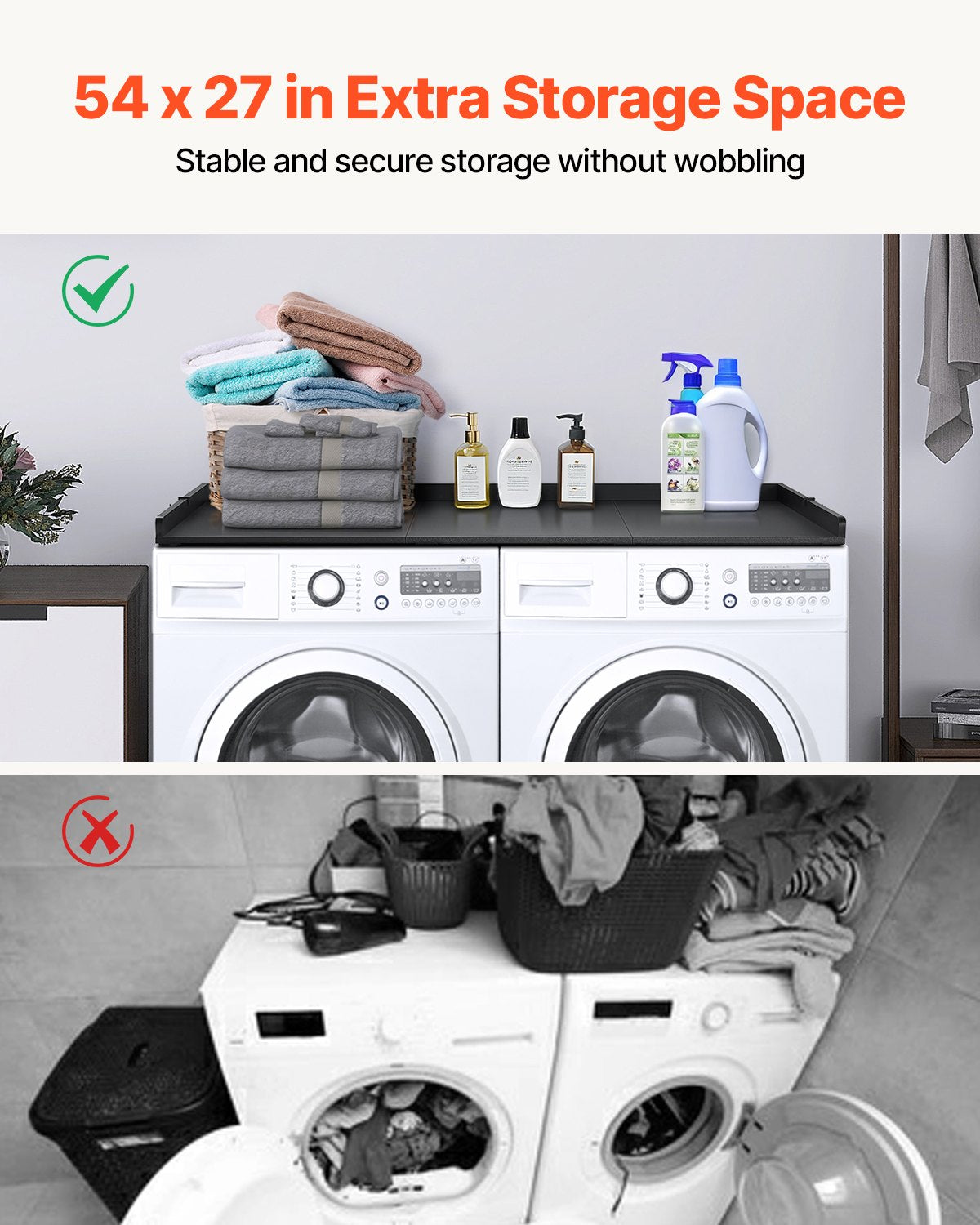 Washer Dryer Countertop with 3 Splicing Panels, 54" x 27" Wooden Washer and Dryer Countertop with Non-Slip Pads, Water-Resistant Laundry Topper for Laundry Room Organization and Storage, Black