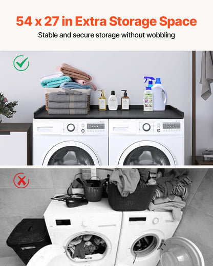 Washer Dryer Countertop with 3 Splicing Panels, 54" x 27" Wooden Washer and Dryer Countertop with Non-Slip Pads, Water-Resistant Laundry Topper for Laundry Room Organization and Storage, Black