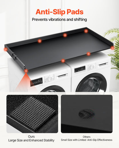 Washer Dryer Countertop with 3 Splicing Panels, 54" x 27" Wooden Washer and Dryer Countertop with Non-Slip Pads, Water-Resistant Laundry Topper for Laundry Room Organization and Storage, Black