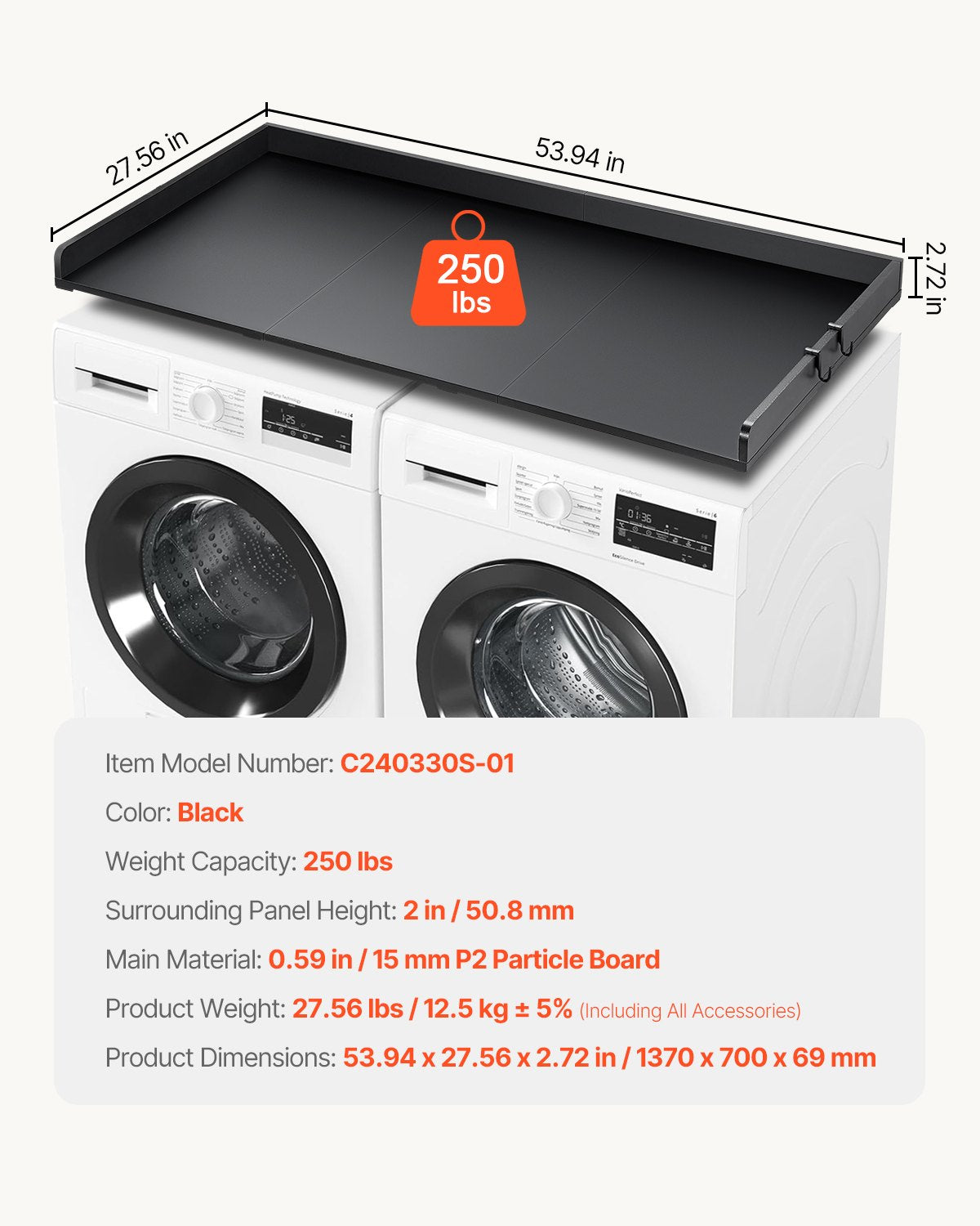 Washer Dryer Countertop with 3 Splicing Panels, 54" x 27" Wooden Washer and Dryer Countertop with Non-Slip Pads, Water-Resistant Laundry Topper for Laundry Room Organization and Storage, Black