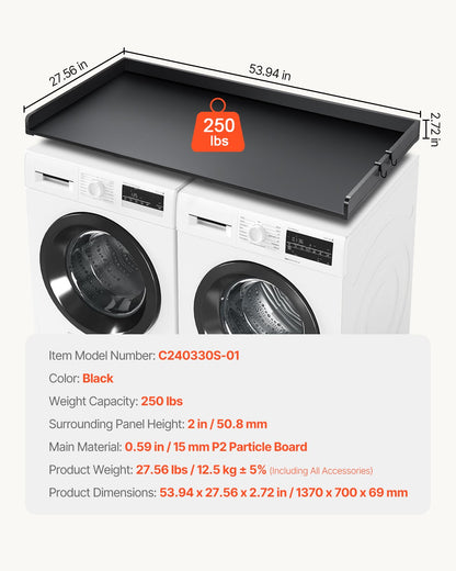 Washer Dryer Countertop with 3 Splicing Panels, 54" x 27" Wooden Washer and Dryer Countertop with Non-Slip Pads, Water-Resistant Laundry Topper for Laundry Room Organization and Storage, Black