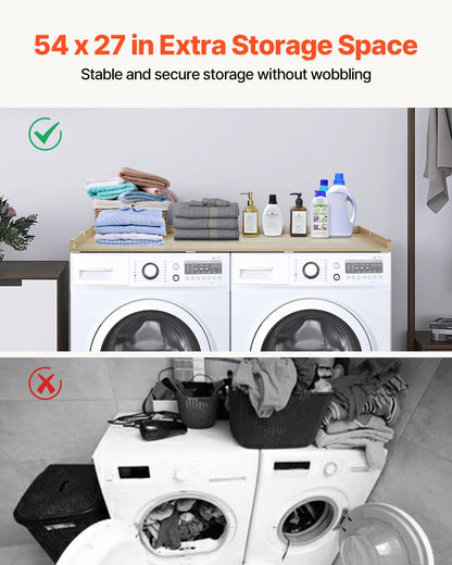 Washer Dryer Countertop, 54" x 27" Wooden Washer and Dryer Countertop, Water-Resistant Laundry Machine Topper Cover with Anti-Slip Pads, for Laundry Room Organization and Storage, Oak