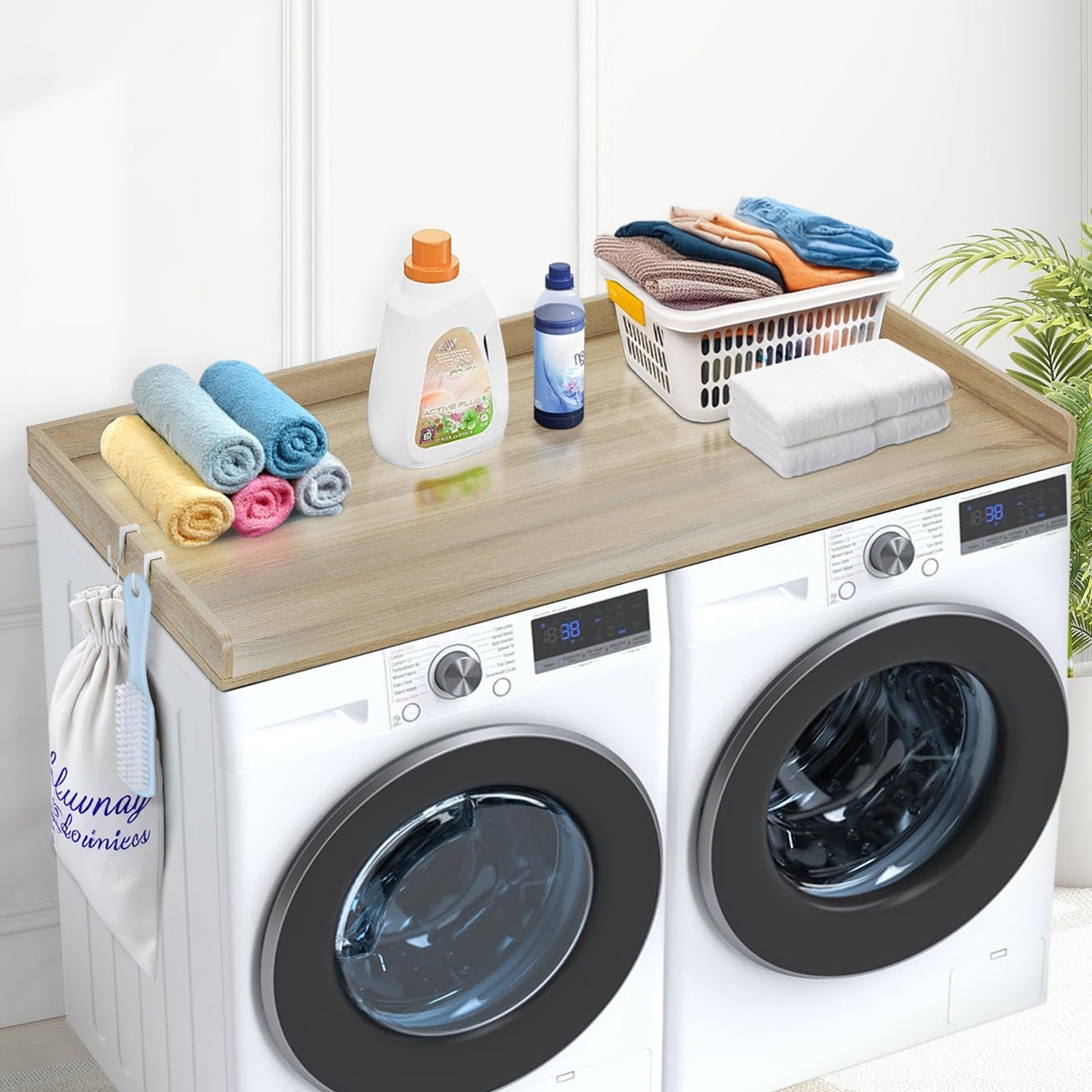 Washer Dryer Countertop, 54" x 27" Wooden Washer and Dryer Countertop, Water-Resistant Laundry Machine Topper Cover with Anti-Slip Pads, for Laundry Room Organization and Storage, Oak