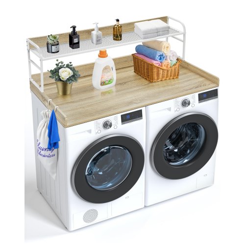 Washer Dryer Countertop with 2-Tier Shelf, 54" x 27" Wooden Washer and Dryer Countertop with Anti-Slip Pads, Water-Resistant Laundry Topper Cover for Laundry Room Organization and Storage, Oak