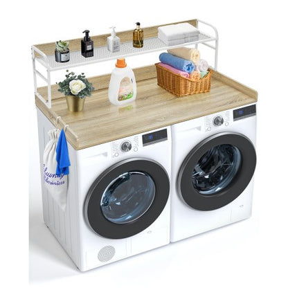 Washer Dryer Countertop with 2-Tier Shelf, 54" x 27" Wooden Washer and Dryer Countertop with Anti-Slip Pads, Water-Resistant Laundry Topper Cover for Laundry Room Organization and Storage, Oak