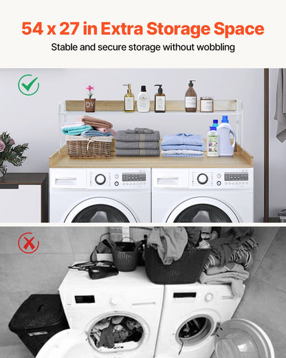 Washer Dryer Countertop with 2-Tier Shelf, 54" x 27" Wooden Washer and Dryer Countertop with Anti-Slip Pads, Water-Resistant Laundry Topper Cover for Laundry Room Organization and Storage, Oak