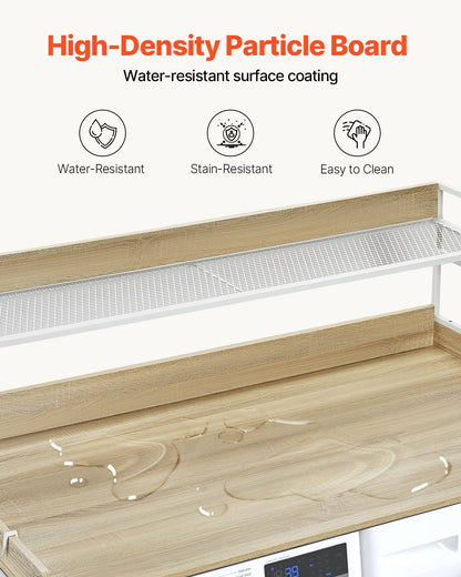 Washer Dryer Countertop with 2-Tier Shelf, 54" x 27" Wooden Washer and Dryer Countertop with Anti-Slip Pads, Water-Resistant Laundry Topper Cover for Laundry Room Organization and Storage, Oak