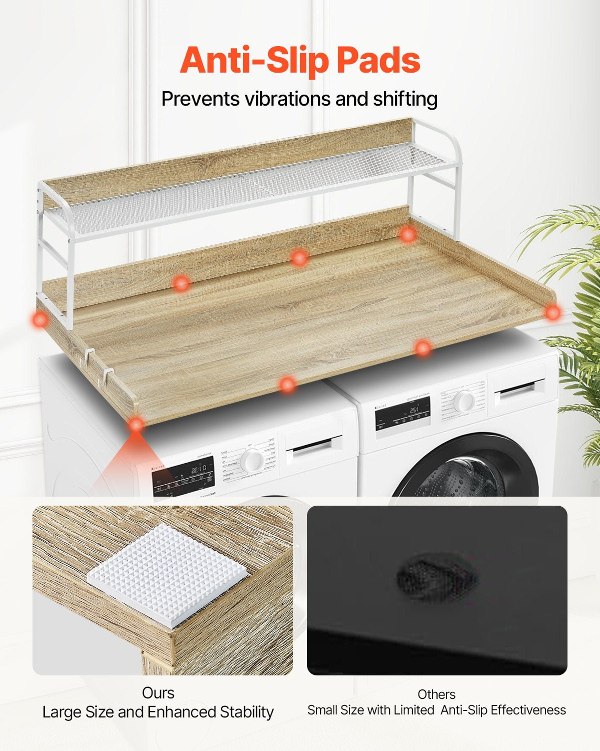 Washer Dryer Countertop with 2-Tier Shelf, 54" x 27" Wooden Washer and Dryer Countertop with Anti-Slip Pads, Water-Resistant Laundry Topper Cover for Laundry Room Organization and Storage, Oak