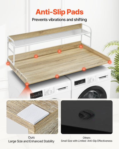 Washer Dryer Countertop with 2-Tier Shelf, 54" x 27" Wooden Washer and Dryer Countertop with Anti-Slip Pads, Water-Resistant Laundry Topper Cover for Laundry Room Organization and Storage, Oak