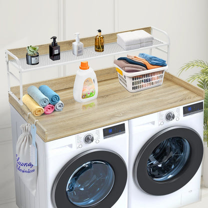 Washer Dryer Countertop with 2-Tier Shelf, 54" x 27" Wooden Washer and Dryer Countertop with Anti-Slip Pads, Water-Resistant Laundry Topper Cover for Laundry Room Organization and Storage, Oak