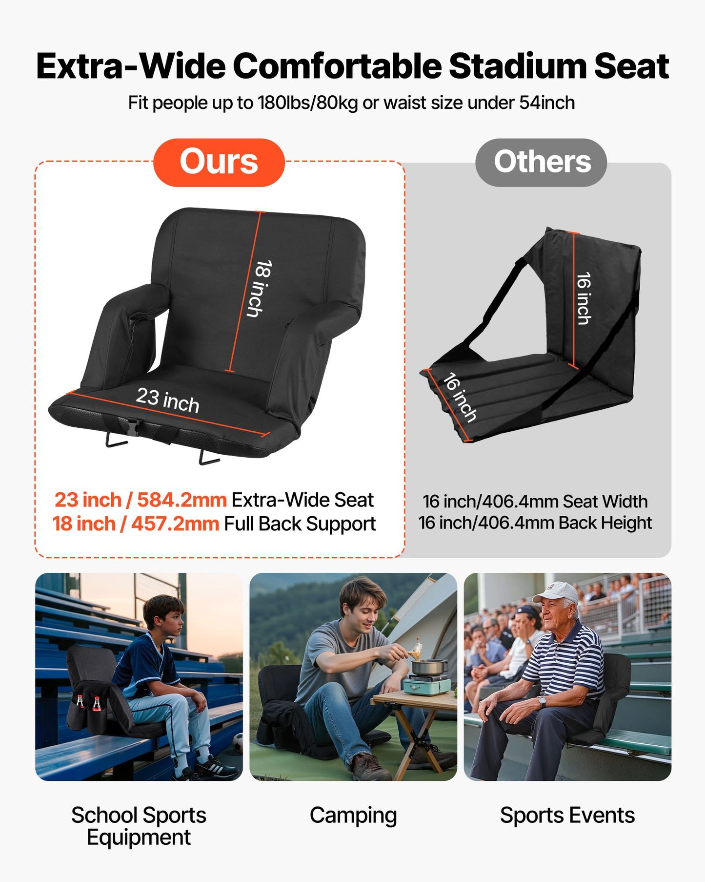 Stadium Seat, 6 Adjustable Angle Bleacher Chair, 2.9'' Cushion Stadium Seat with Back Support and Armrest, Wide Bleacher Chair with Hook Pocket Cupholder for Picnics, Beach Sports, and Gaming