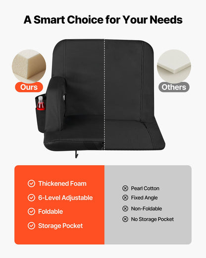 Stadium Seat, 6 Adjustable Angle Bleacher Chair, 2.9'' Cushion Stadium Seat with Back Support and Armrest, Wide Bleacher Chair with Hook Pocket Cupholder for Picnics, Beach Sports, and Gaming