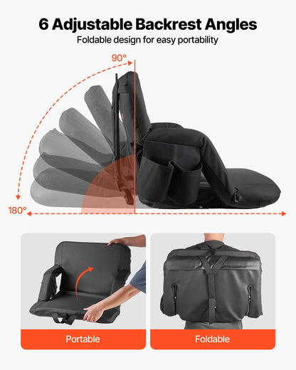 Stadium Seat, 6 Adjustable Angle Bleacher Chair, 2.75'' Cushion Stadium Seat with Back Support and Armrest, Wide Bleacher Chair with Hook Pocket Cupholder for Picnics, Beach Sports, and Gaming