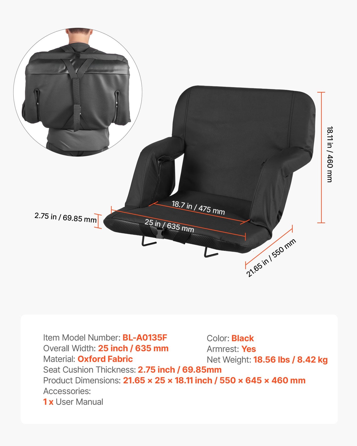 Stadium Seat, 6 Adjustable Angle Bleacher Chair, 2.75'' Cushion Stadium Seat with Back Support and Armrest, Wide Bleacher Chair with Hook Pocket Cupholder for Picnics, Beach Sports, and Gaming