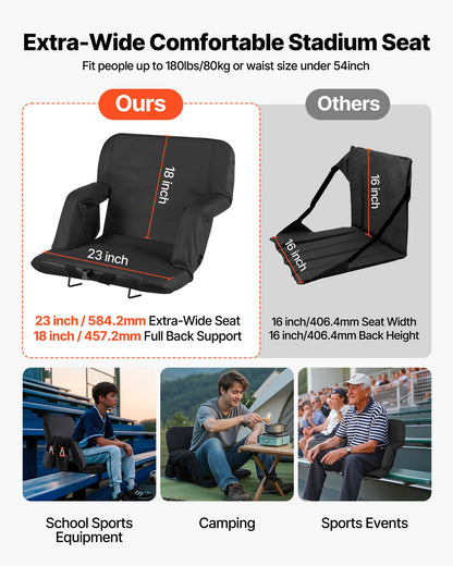 Stadium Seat, 6 Adjustable Angle Wide Bleacher Chair, 2.9'' Cushion Padded Stadium Seat with Armrest and Back Support, Stadiums Chair with Hook Cupholder for Picnics, Beach Sports, and Gaming