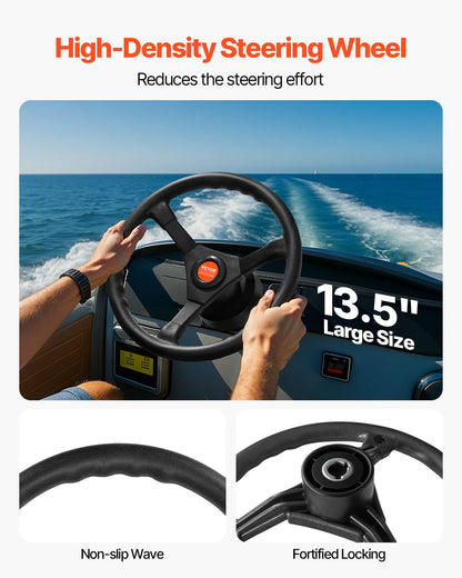 Outboard Steering System 10' Steering Cable Marine Steering System 3/4'' Steering Shaft with 13.5 Inch Wheel Flat Interface Marine Steering Kit for Yachts and Waterborne Vehicles, Black