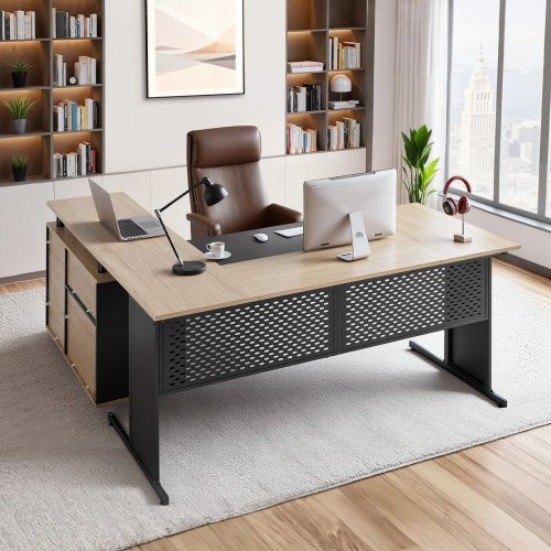 L-Shaped Executive Desk, Modern Reversible Office Table with Drawers & Storage Cabinet, Heavy Duty Large Wooden Executive Table, 350 LBS Load Capacity, Easy Assembly, for Work Study Writing