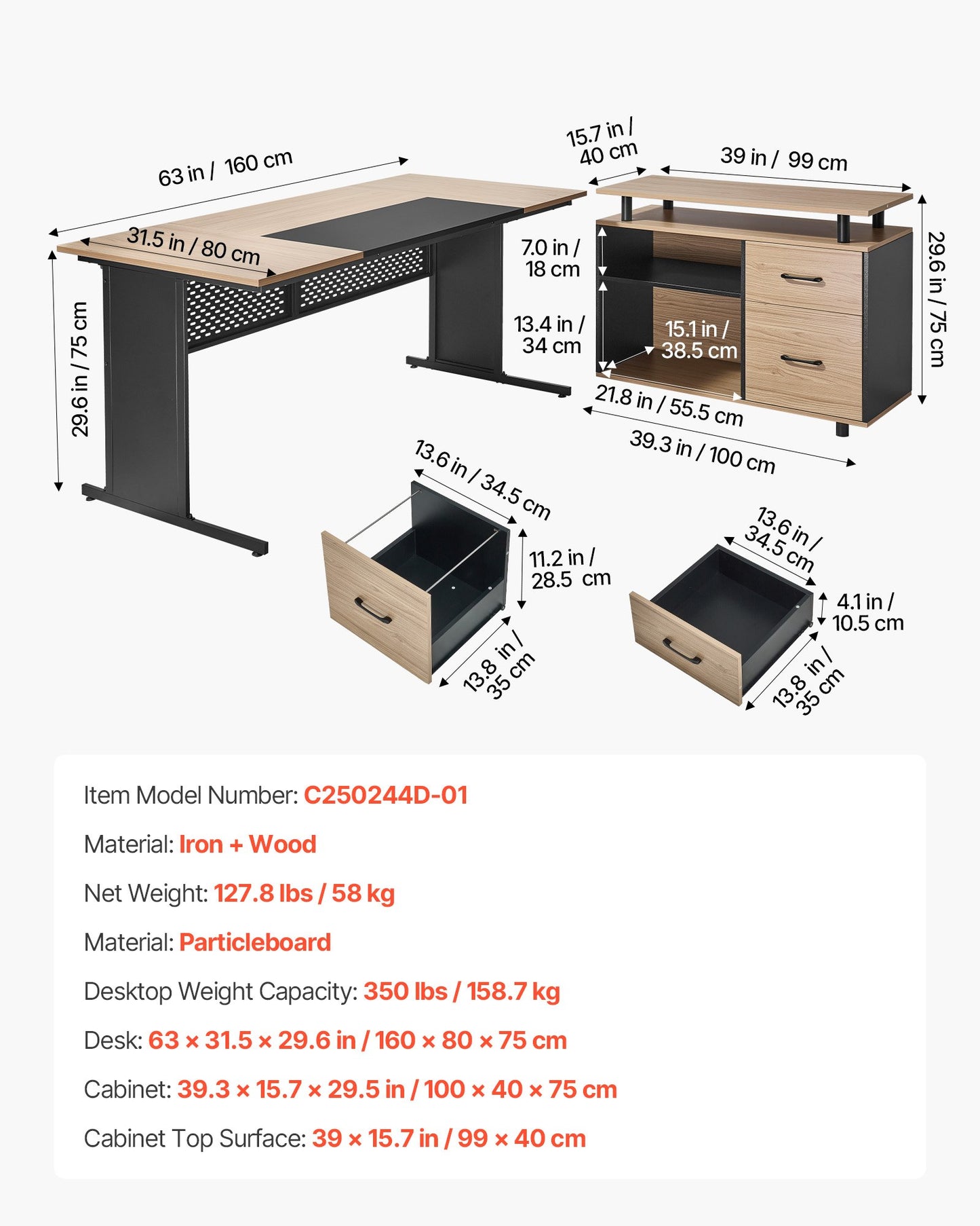 L-Shaped Executive Desk, Modern Reversible Office Table with Drawers & Storage Cabinet, Heavy Duty Large Wooden Executive Table, 350 LBS Load Capacity, Easy Assembly, for Work Study Writing