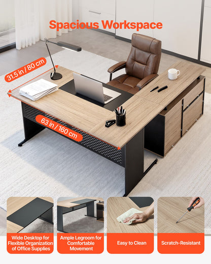 L-Shaped Executive Desk, Modern Reversible Office Table with Drawers & Storage Cabinet, Heavy Duty Large Wooden Executive Table, 350 LBS Load Capacity, Easy Assembly, for Work Study Writing