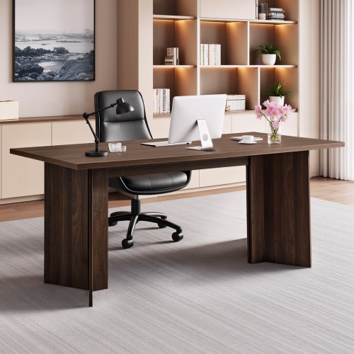 63 in Executive Desk, Large Modern Rectangle Office Table, Heavy Duty Wooden Executive Table with Cable Connection Hole, 250 LBS Load Capacity, Easy Assembly, for Work Study Writing, Walnut