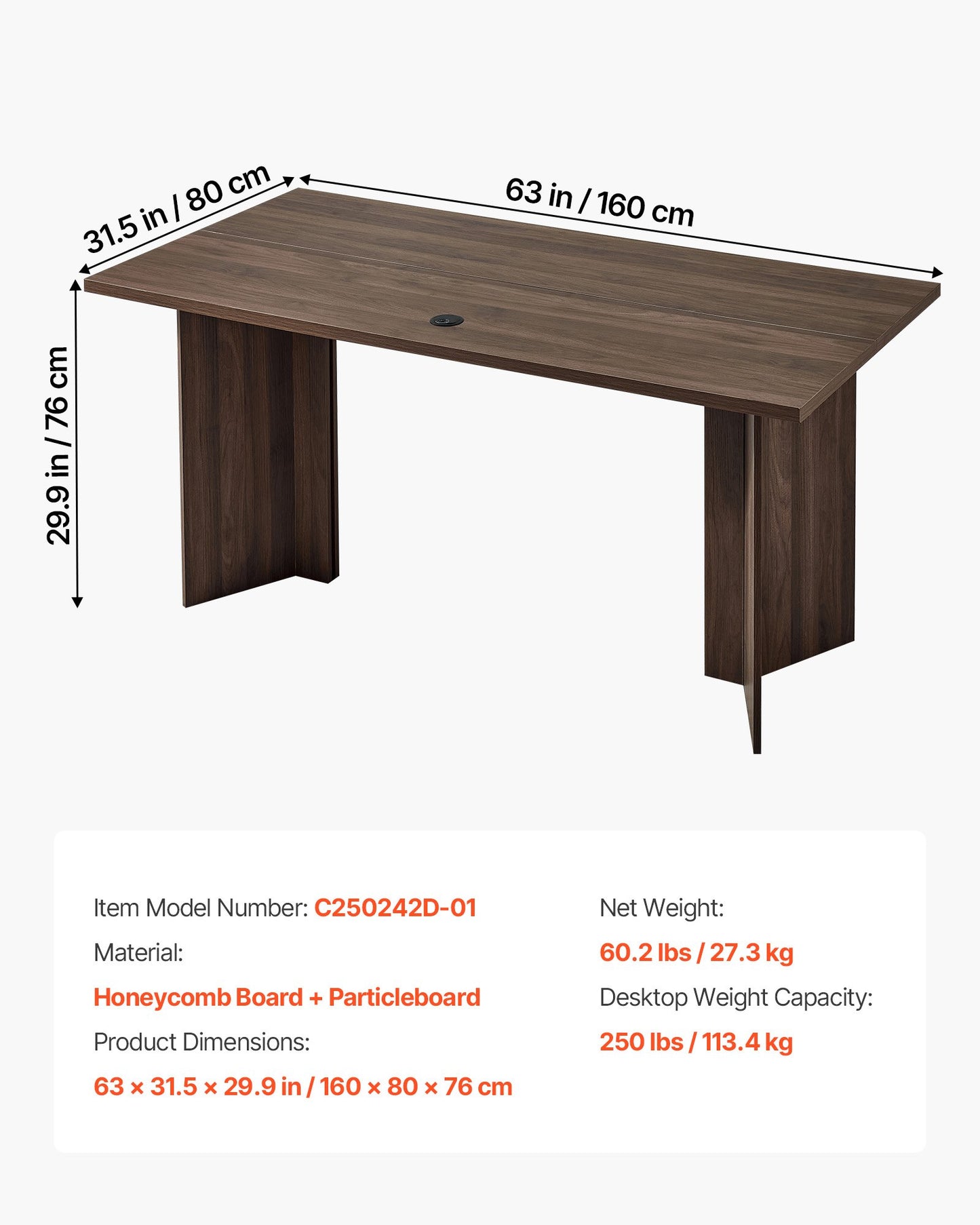 63 in Executive Desk, Large Modern Rectangle Office Table, Heavy Duty Wooden Executive Table with Cable Connection Hole, 250 LBS Load Capacity, Easy Assembly, for Work Study Writing, Walnut