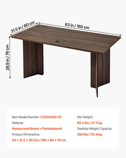 63 in Executive Desk, Large Modern Rectangle Office Table, Heavy Duty Wooden Executive Table with Cable Connection Hole, 250 LBS Load Capacity, Easy Assembly, for Work Study Writing, Walnut