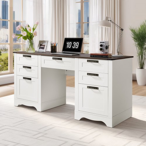 Executive Desk, Farmhouse Office Table with Charging Station, Heavy Duty Particle Board Executive Table with Storage Drawers, 200 LBS Load Capacity, Easy Assembly, for Work Study Writing, Walnut