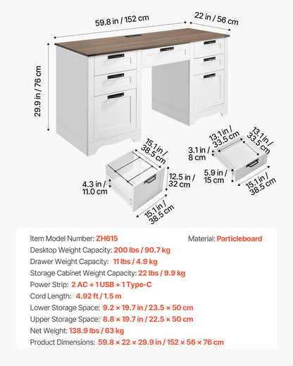 Executive Desk, Farmhouse Office Table with Charging Station, Heavy Duty Particle Board Executive Table with Storage Drawers, 200 LBS Load Capacity, Easy Assembly, for Work Study Writing, Walnut