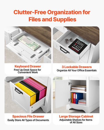 Executive Desk, Farmhouse Office Table with Charging Station, Heavy Duty Particle Board Executive Table with Storage Drawers, 200 LBS Load Capacity, Easy Assembly, for Work Study Writing, Walnut