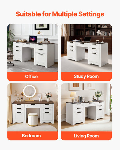 Executive Desk, Farmhouse Office Table with Charging Station, Heavy Duty Particle Board Executive Table with Storage Drawers, 200 LBS Load Capacity, Easy Assembly, for Work Study Writing, Walnut