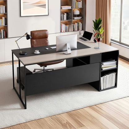 L-Shaped Executive Desk, Large Modern Office Table with Drawers & Storage Cabinet, Heavy Duty Wooden Executive Table with CPU Stand, 350 LBS Load Capacity, Easy Assembly, for Work Study Writing