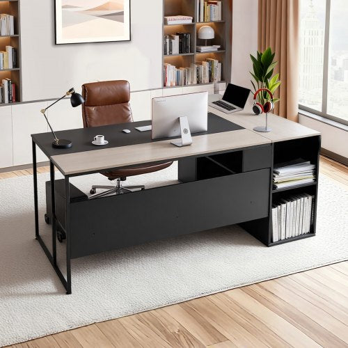L-Shaped Executive Desk, Large Modern Office Table with Drawers & Storage Cabinet, Heavy Duty Wooden Executive Table with CPU Stand, 350 LBS Load Capacity, Easy Assembly, for Work Study Writing