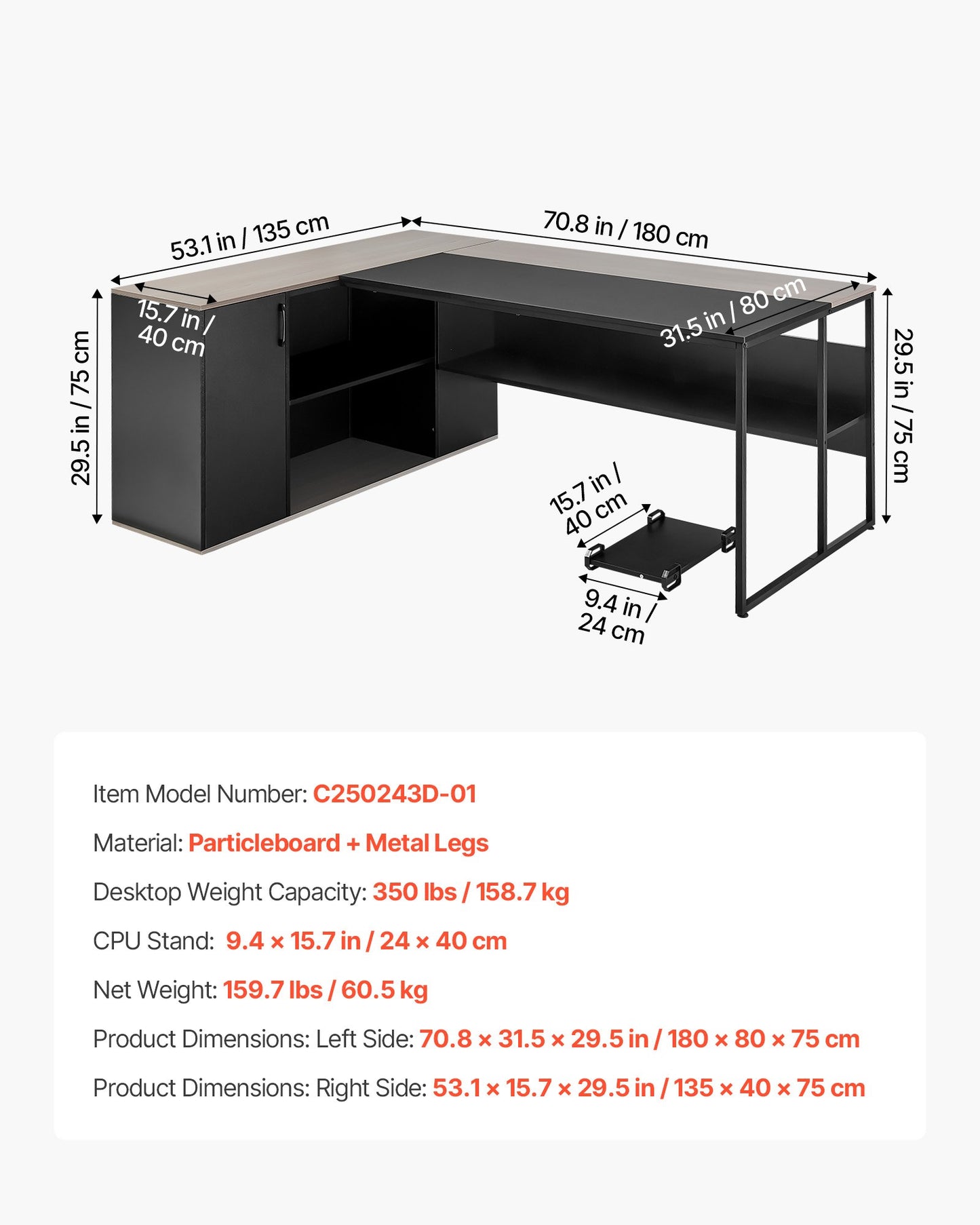L-Shaped Executive Desk, Large Modern Office Table with Drawers & Storage Cabinet, Heavy Duty Wooden Executive Table with CPU Stand, 350 LBS Load Capacity, Easy Assembly, for Work Study Writing
