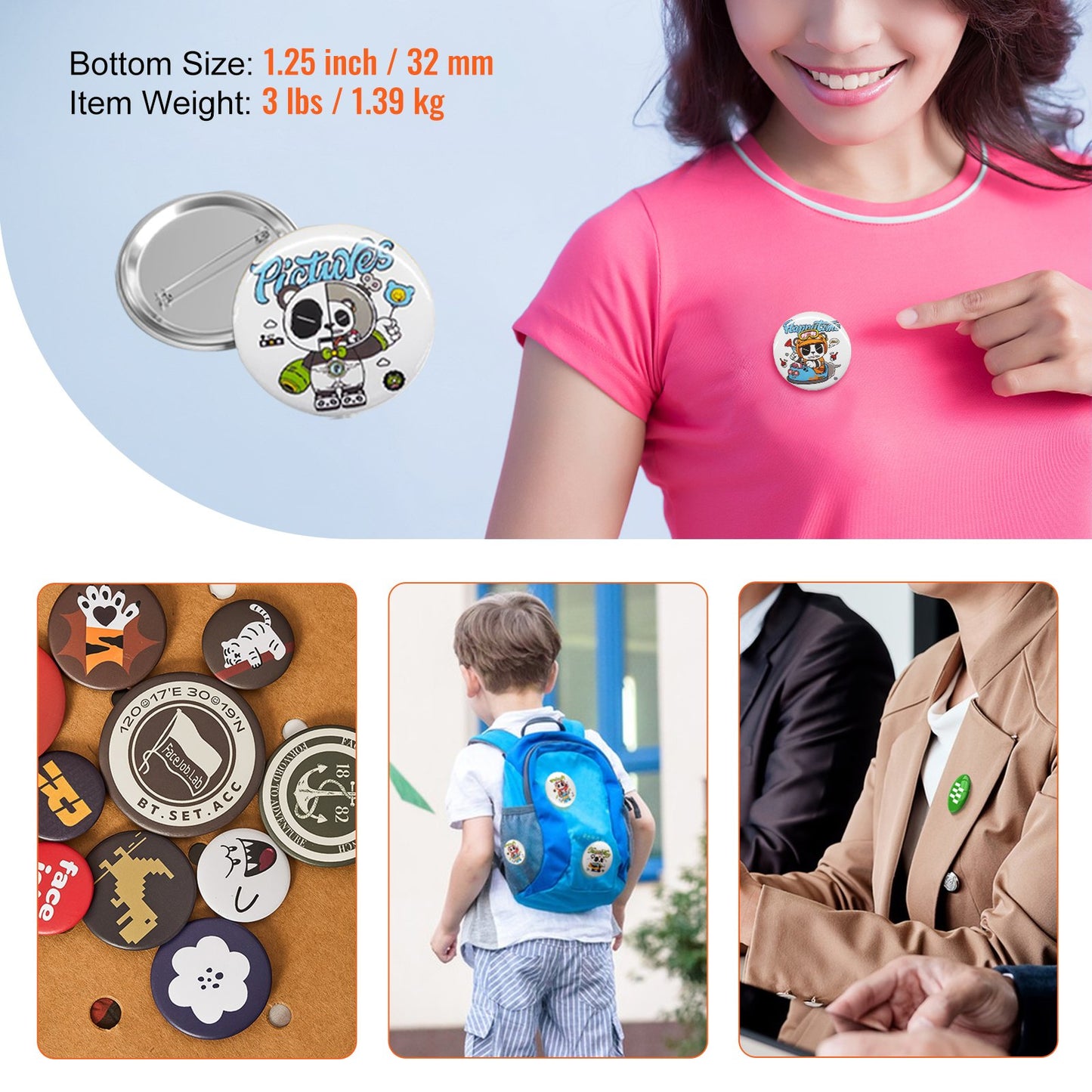 500 Sets 1.25 inch 32mm Pin Back Button Parts, DIY Round Button Badge Parts, Set Includes Metal Top, Plastic/Metal Button, Clear Film, and Blank Paper For Gifts Presents, Machine NOT Included
