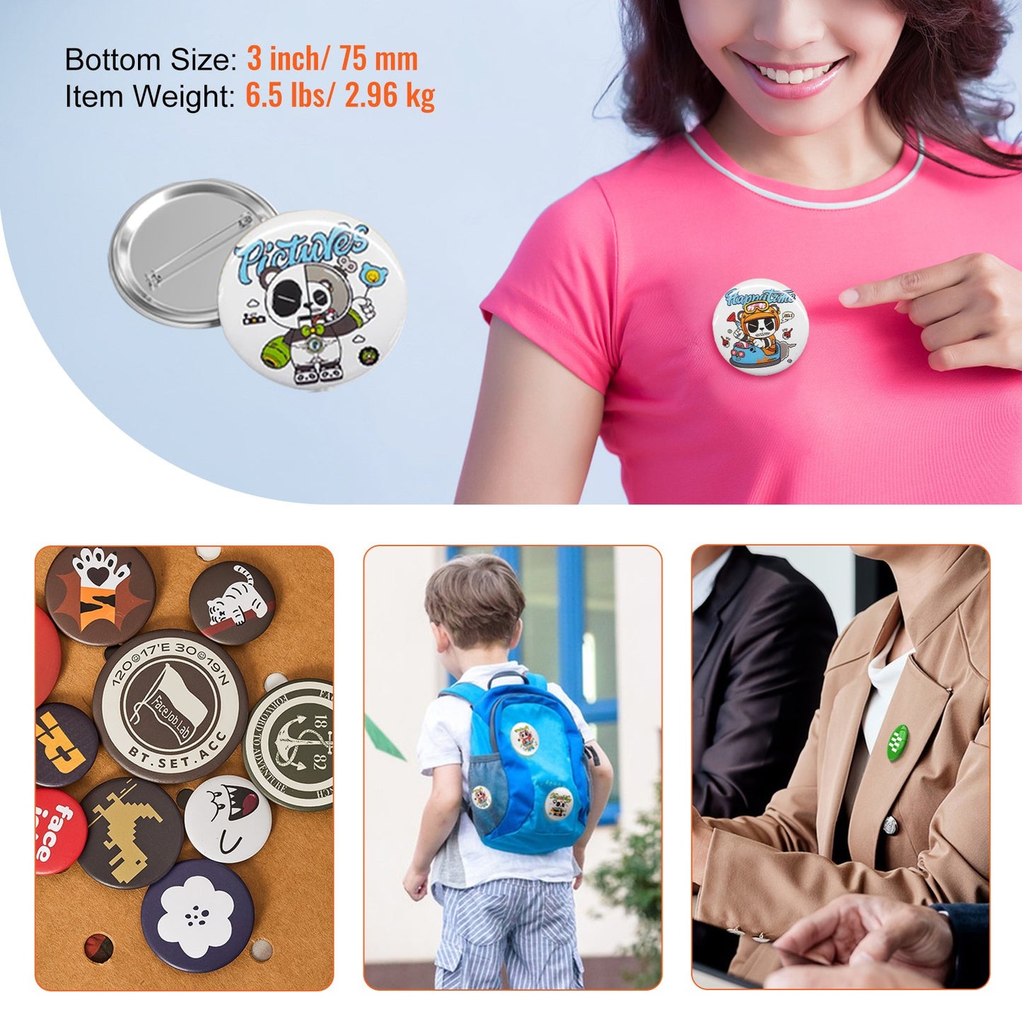 200 Sets 3 inch 75mm Pin Back Button Parts, DIY Round Button Badge Parts, Set Includes Metal Top, Plastic/Metal Button, Clear Film, and Blank Paper For Gifts Presents, Machine NOT Included