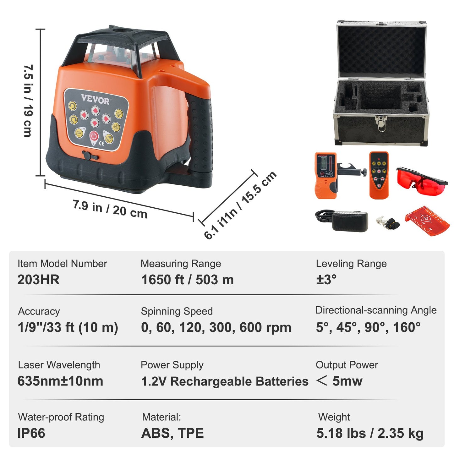 Laser Level, 1650ft, 360 Degree Self Leveling Red Cross Line Laser, 5 Rotation Speeds & 4 Scanning Angles Adjustment, IP66 Waterproof Remote Control Manual Self-leveling Mode, Battery Included