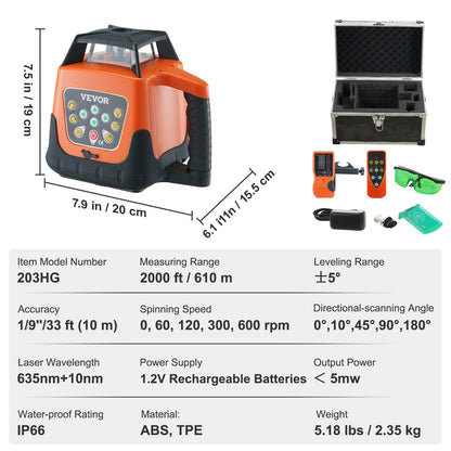 Laser Level, 2000ft, 360 Degree Self Leveling Green Cross Line Laser, 5 Rotation Speeds & 4 Scanning Angles Adjustment, IP66 Waterproof Remote Control Manual Self-leveling Mode, Battery Included