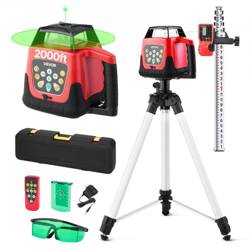 Rotary Laser Level Kit, 2000ft 360-Degree Self Leveling Green Horizontal Laser Transit,with Tripod,Receiver,Remote Control, Scale, Toolcase, IP66 Rating Waterproof, 0.80in/100ft for Construction