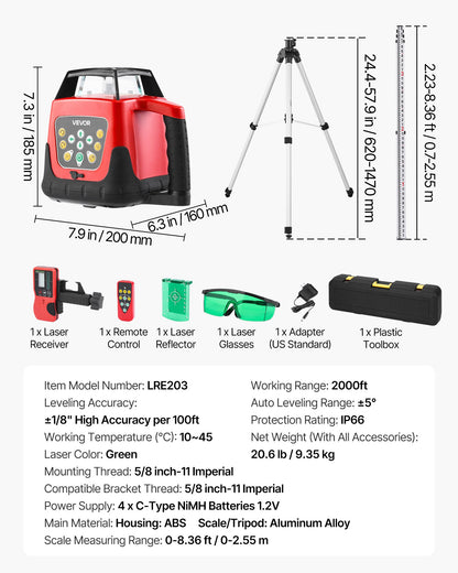 Rotary Laser Level Kit, 2000ft 360-Degree Self Leveling Green Horizontal Laser Transit,with Tripod,Receiver,Remote Control, Scale, Toolcase, IP66 Rating Waterproof, 0.80in/100ft for Construction