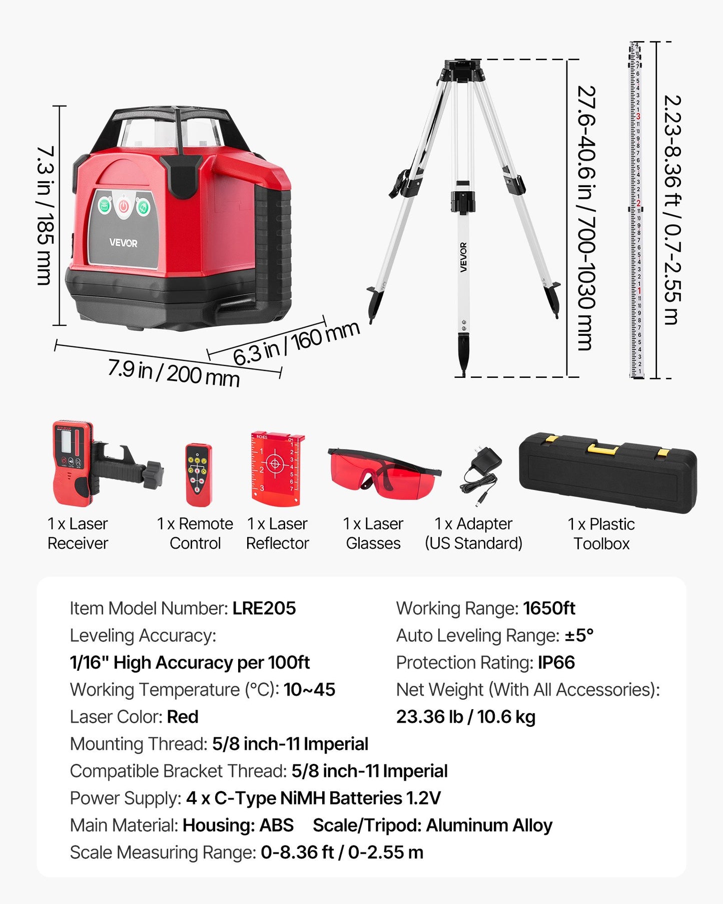 Rotary Laser Level Kit, 1650ft 360-Degree Self Leveling Red Horizontal Laser Transit,with Heavy-duty Tripod, Receiver, Remote Control, Toolcase, IP54 Waterproof, 0.06 in/100 ft for Construction