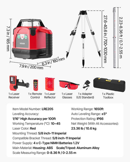Rotary Laser Level Kit, 1650ft 360-Degree Self Leveling Red Horizontal Laser Transit,with Heavy-duty Tripod, Receiver, Remote Control, Toolcase, IP54 Waterproof, 0.06 in/100 ft for Construction