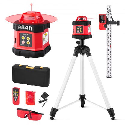 Rotary Laser Level Kit, 984ft 360-Degree Self Leveling Red Horizontal Laser Transit,with Tripod,Receiver,Remote Control, Scale, Toolcase, IP54 Waterproof, 0.12in/100ft Precision for Construction