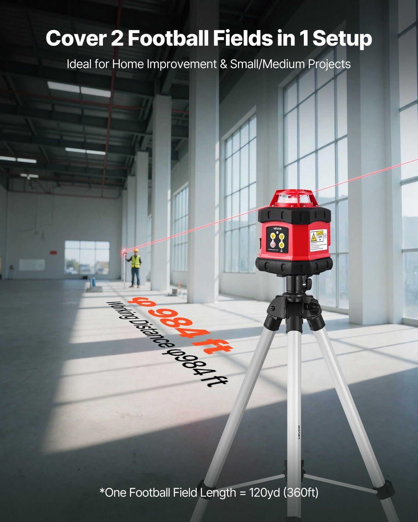 Rotary Laser Level Kit, 984ft 360-Degree Self Leveling Red Horizontal Laser Transit,with Tripod,Receiver,Remote Control, Scale, Toolcase, IP54 Waterproof, 0.12in/100ft Precision for Construction